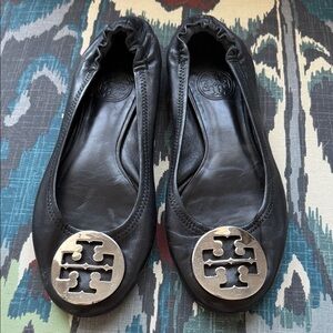 Tory Burch Black Leather Flats with Silver Logo